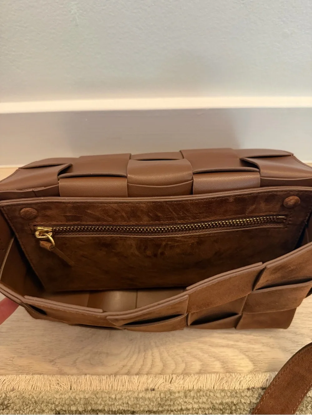 Woven Suede and Leather Crossbody Bag - Brown
